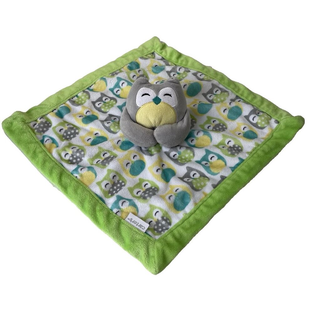Carters Gray Owl Baby Lovey Green Yellow Plush Soft Toy Security Blanket Animal
